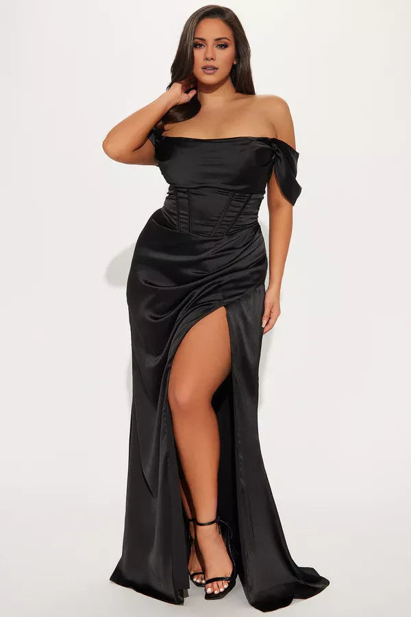 Vestido de noche largo hasta el suelo, con escote en V, sin mangas y espalda descubierta, abertura lateral 