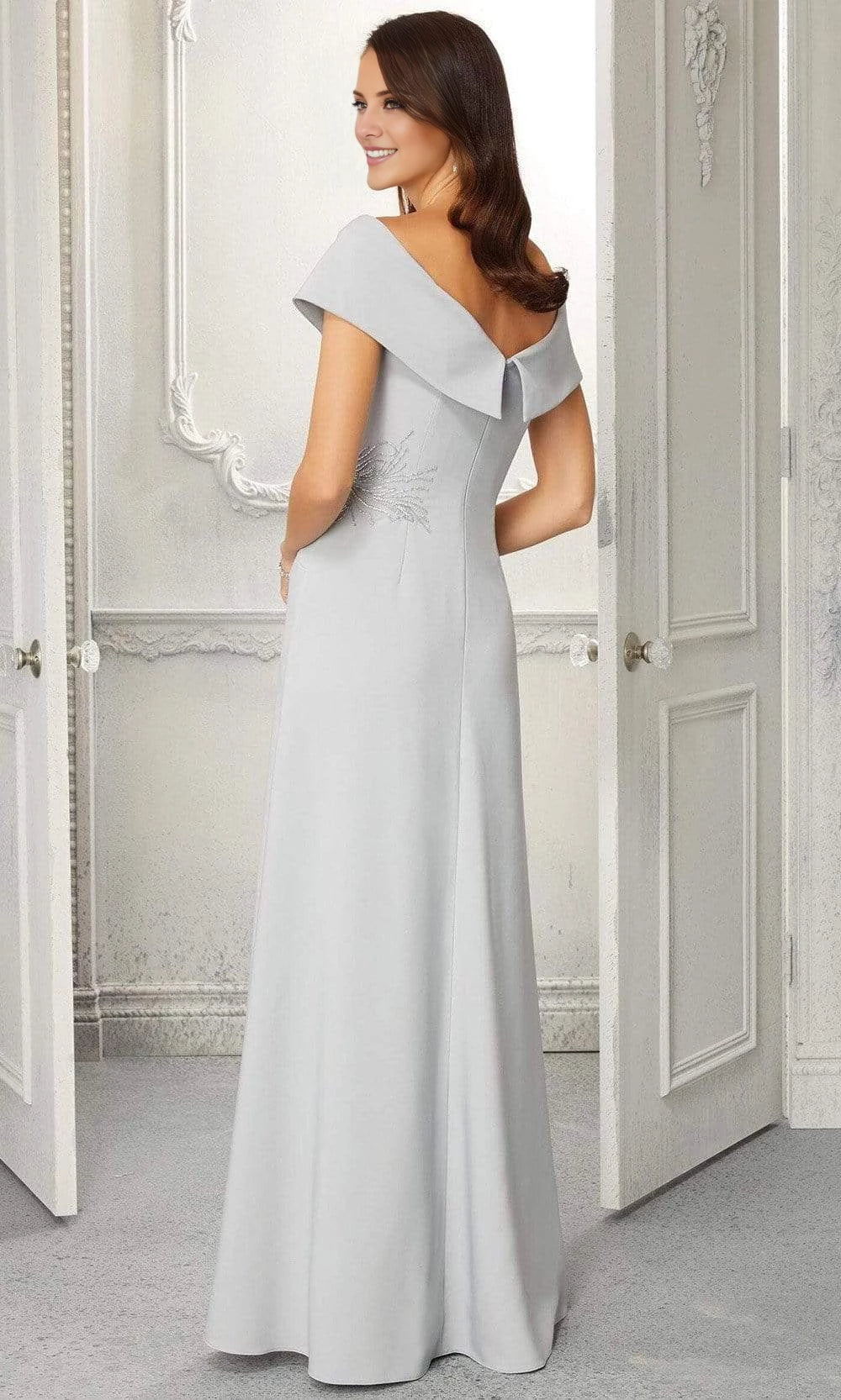 Off shoulder collar sleeveless embroidery details backless side slit and floor length mother of the bride dress