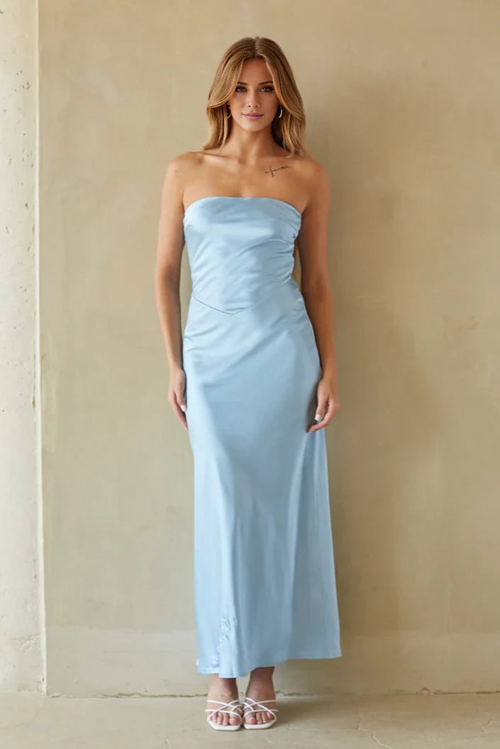 Off shoulder collar sleeveless strapless backless and floor length Prom dress