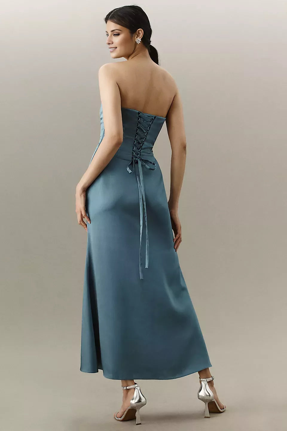 Off shoulder collar sleeveless strapless backless and floor length Prom dress