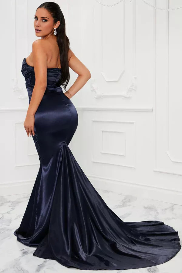 Off shoulder collar sleeveless strapless backless and floor length evening dress