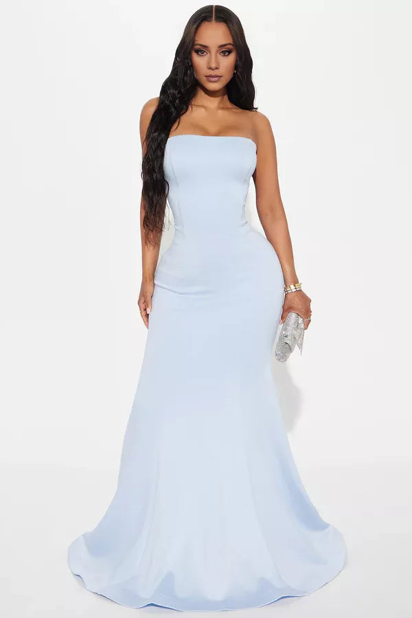 Off shoulder collar sleeveless strapless backless mermaid and floor length evening dress