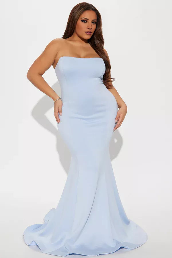 Off shoulder collar sleeveless strapless backless mermaid and floor length evening dress
