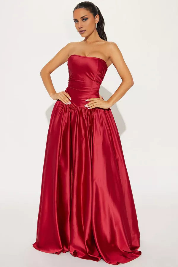 Red Satin A-Line Floor-Length Evening Dress with Straight Neck and Strapless Bodice
