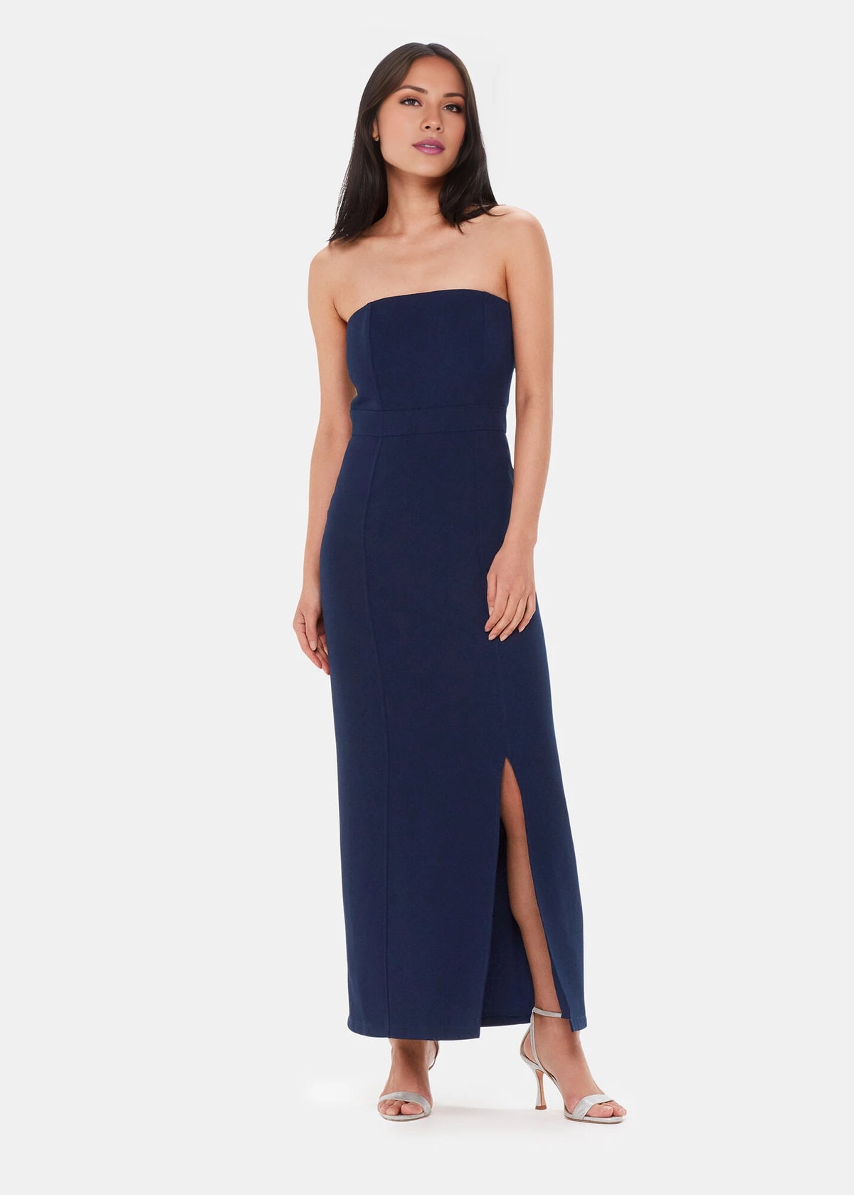 Vestido de fiesta largo hasta el suelo, sin mangas, sin tirantes, con cuello al descubierto y espalda descubierta, con abertura lateral 