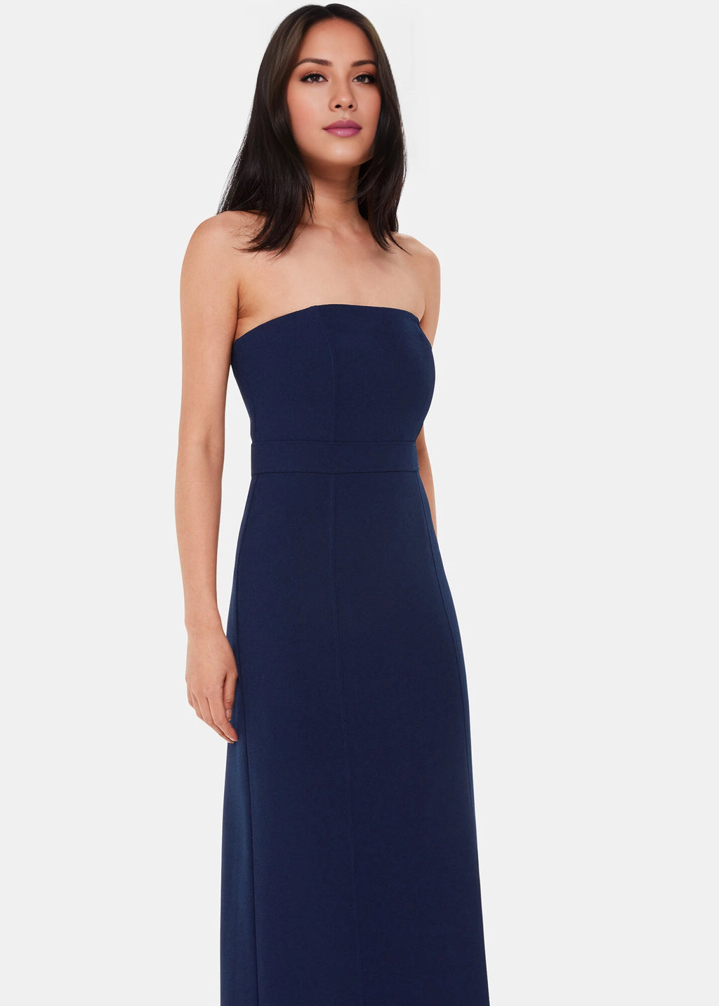 Vestido de fiesta largo hasta el suelo, sin mangas, sin tirantes, con cuello al descubierto y espalda descubierta, con abertura lateral 