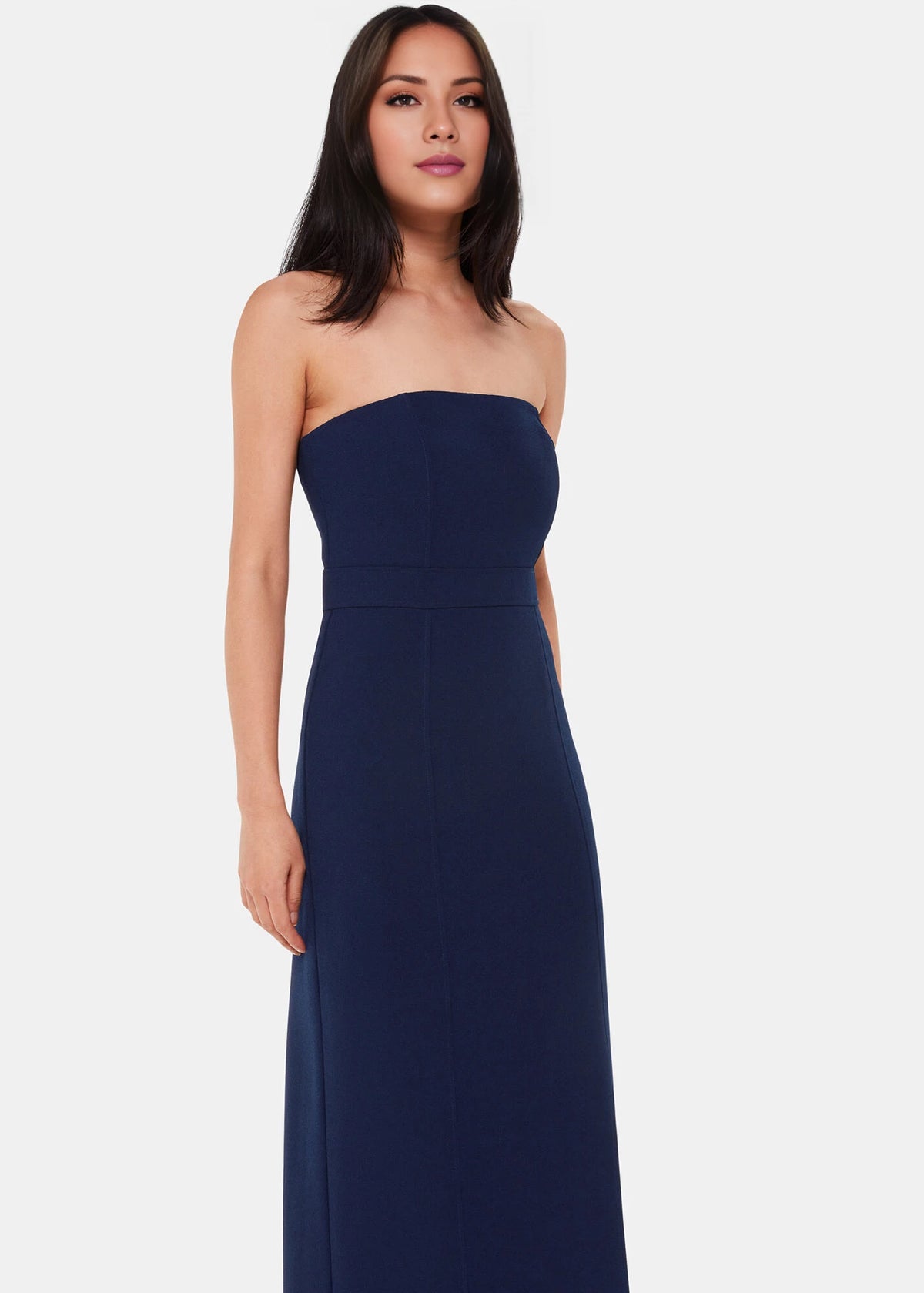 Vestido de fiesta largo hasta el suelo, sin mangas, sin tirantes, con cuello al descubierto y espalda descubierta, con abertura lateral 