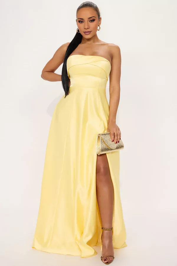Yellow Satin A-Line Floor-Length Evening Dress with Sweetheart Neckline, Draped Bodice & High Slit