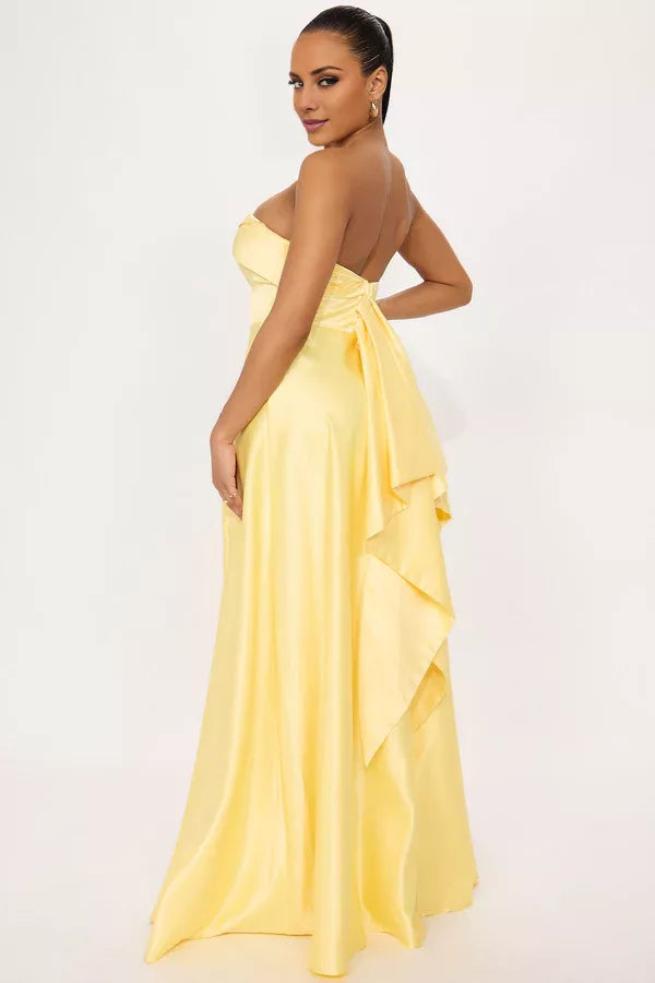 Yellow Satin A-Line Floor-Length Evening Dress with Sweetheart Neckline, Draped Bodice & High Slit