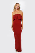 Vestido de fiesta con cuello descubierto, sin mangas, sin tirantes, espalda descubierta, abertura y largo hasta el suelo 
