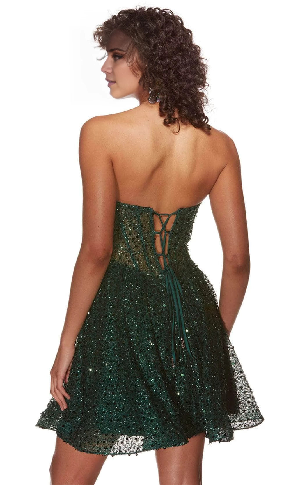 Abito corto da ballo con decorazioni in paillettes, senza spalline, senza maniche e con scollo a spalle scoperte 