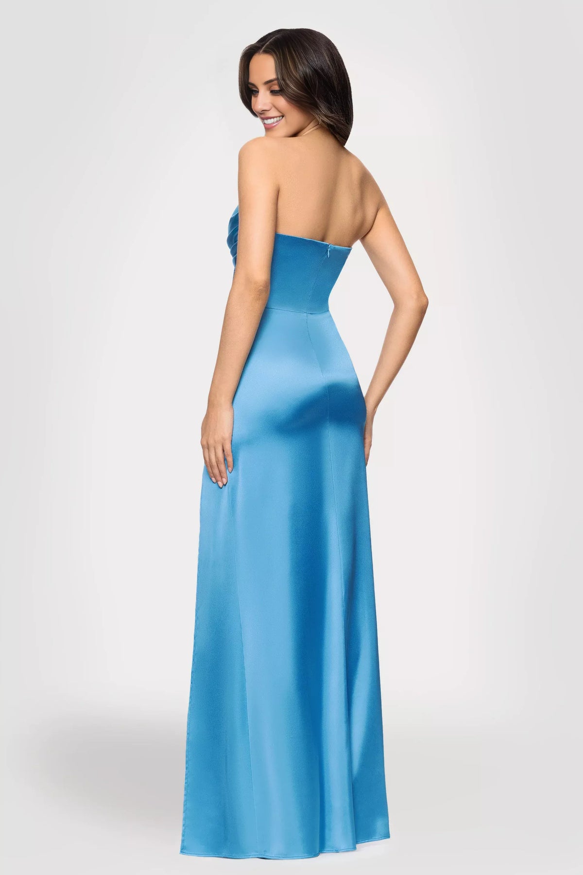 Vestido de fiesta largo hasta el suelo, sin mangas, con cuello al descubierto y sin tirantes, con abertura lateral 