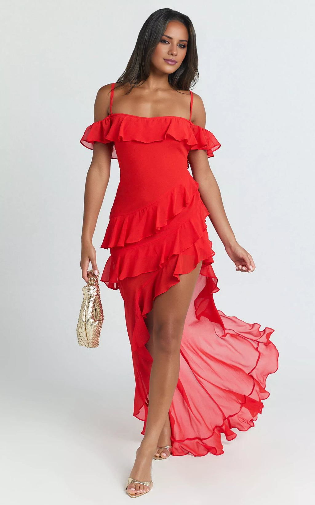 Vestido de fiesta largo hasta el suelo, sin mangas, con cuello al descubierto, tirantes finos, espalda descubierta, borde con volantes, abertura lateral