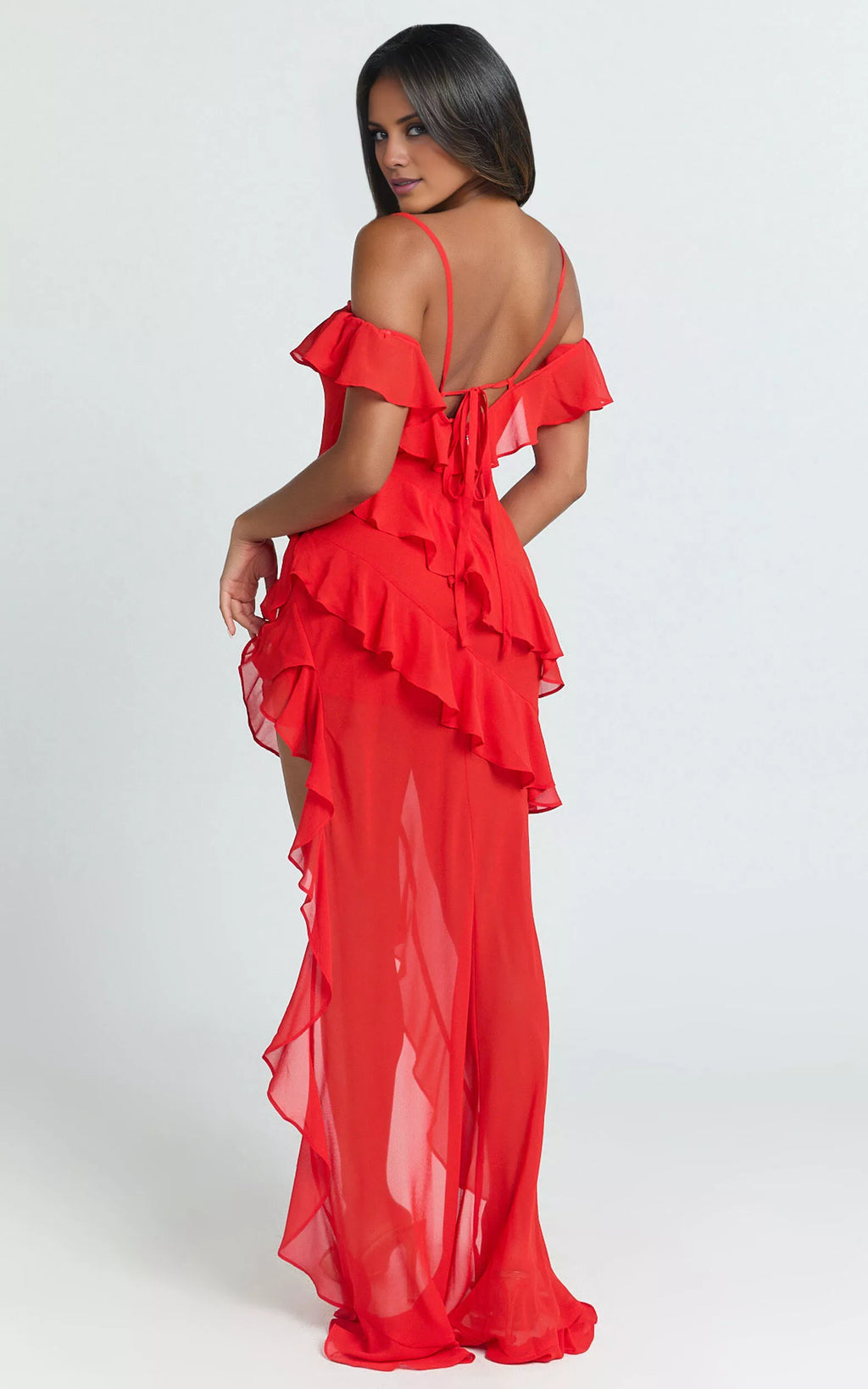 Vestido de fiesta largo hasta el suelo, sin mangas, con cuello al descubierto, tirantes finos, espalda descubierta, borde con volantes, abertura lateral