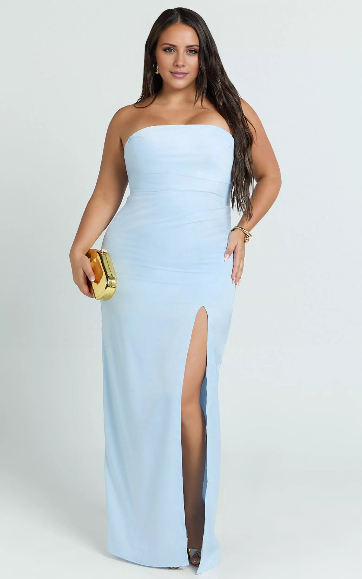 Vestido de fiesta largo hasta el suelo, sin tirantes, con escote en los hombros, espalda descubierta, abertura lateral