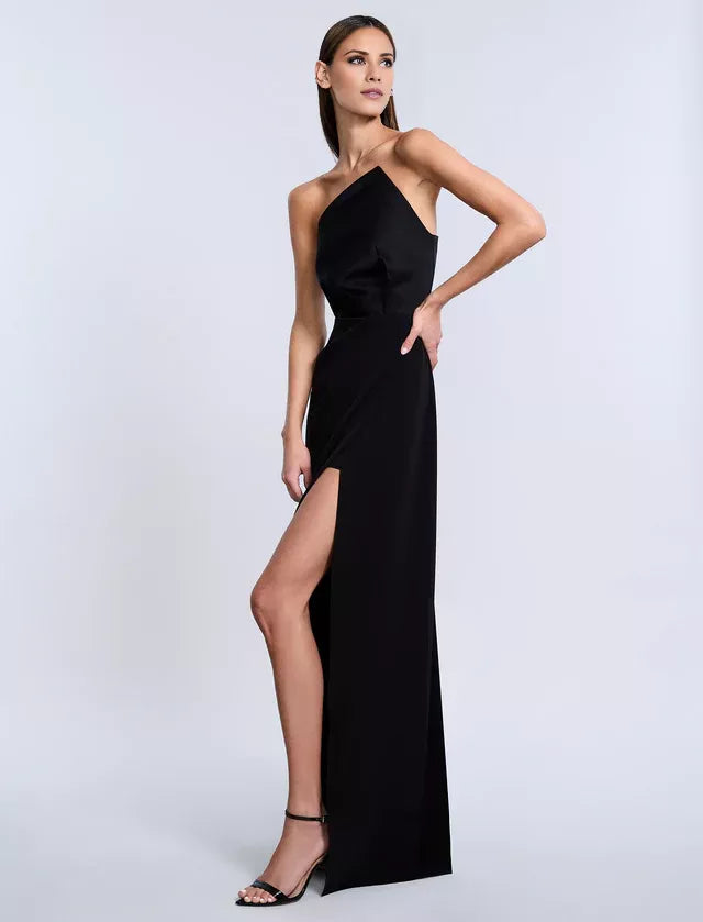 Vestido de noche largo hasta el suelo, sin tirantes, con escote en los hombros, espalda descubierta, abertura lateral
