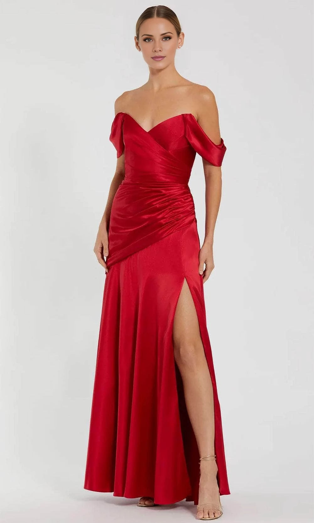 Off shoulder collar with pleats sleeveless backless side slit and floor length Prom dress