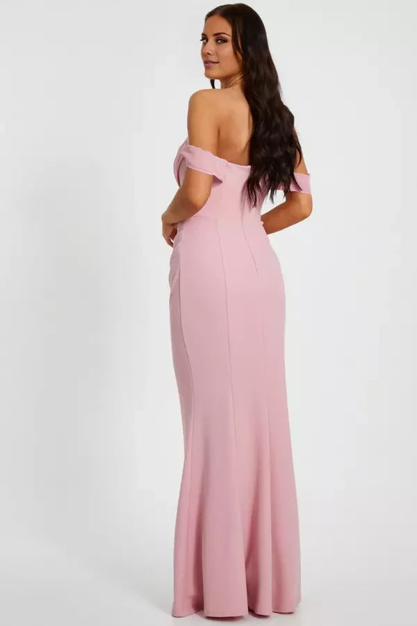 Off shoulder collar with sleeveless pleat details backless and floor length Prom dress