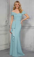 Dusty Blue Crepe Off-the-Shoulder Floor-Length Dress