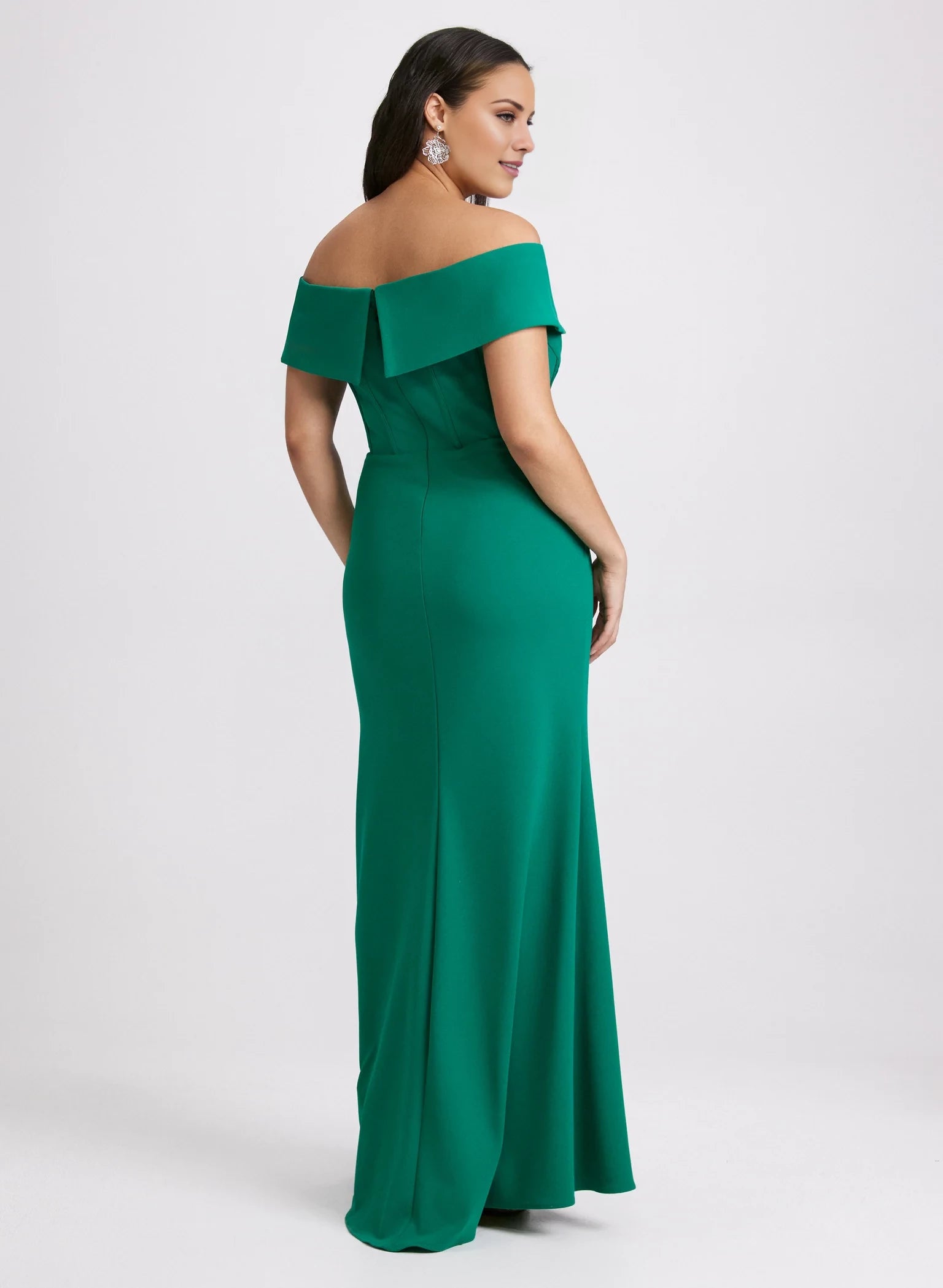 Off shoulder collar with sleeveless pleat details side slit and floor length Prom dress