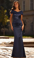 Dark Navy Satin A-Line Floor-Length Dress with Off-the-Shoulder Draped Bodice