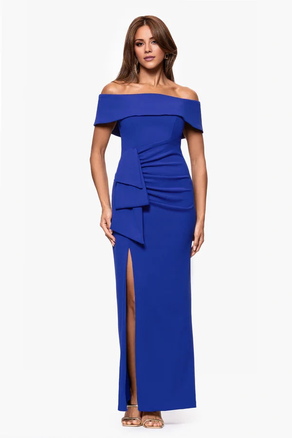 Off shoulder neckline sleeveless pleats details backless side slit and floor length mother of the bride dress