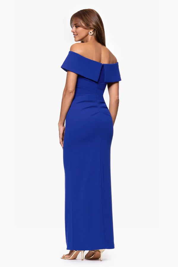 Off shoulder neckline sleeveless pleats details backless side slit and floor length mother of the bride dress