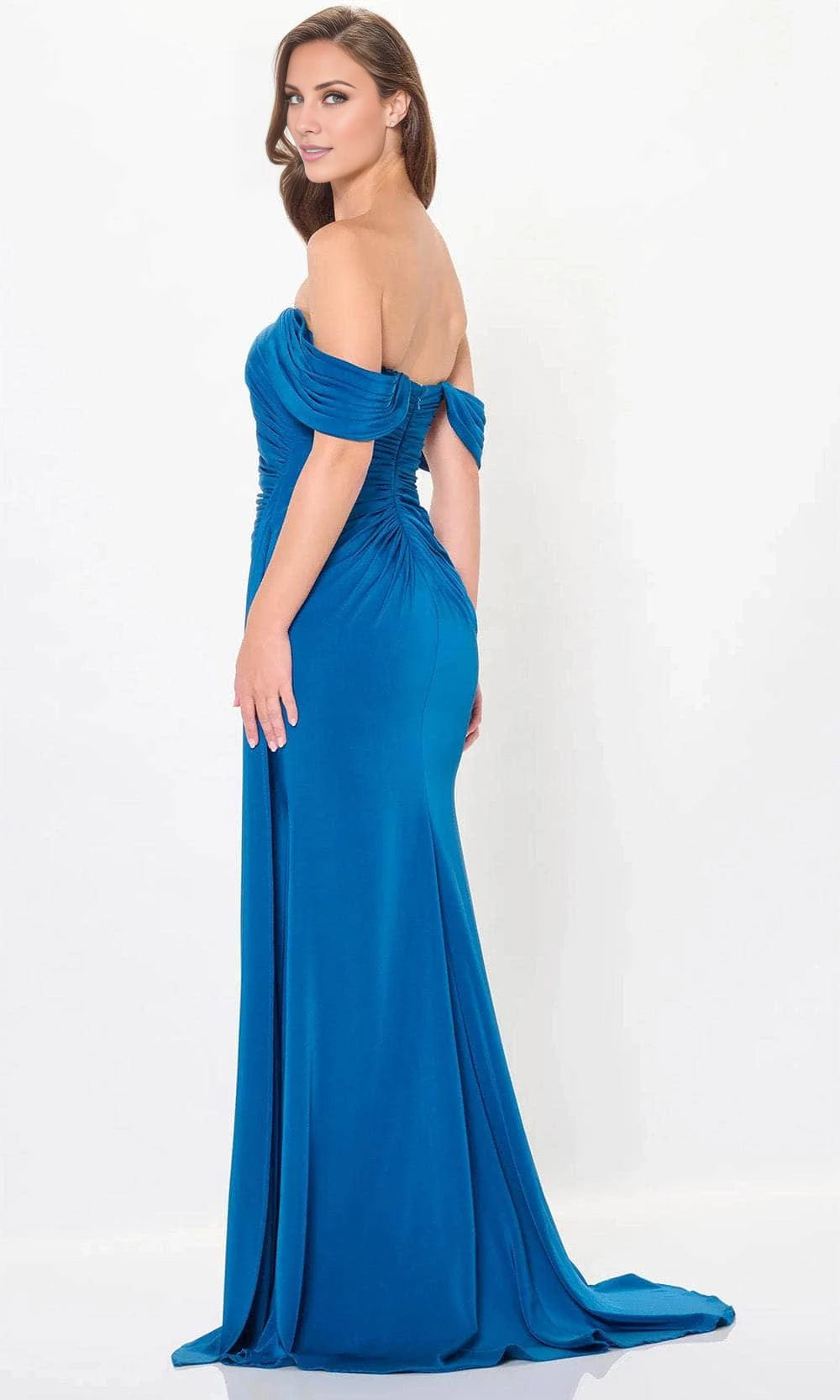 Off shoulder neckline sleeveless pleats details backless side slit and floor length mother of the bride dress