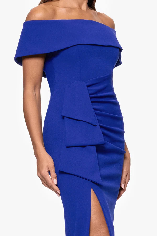 Off shoulder neckline sleeveless pleats details backless side slit and floor length mother of the bride dress