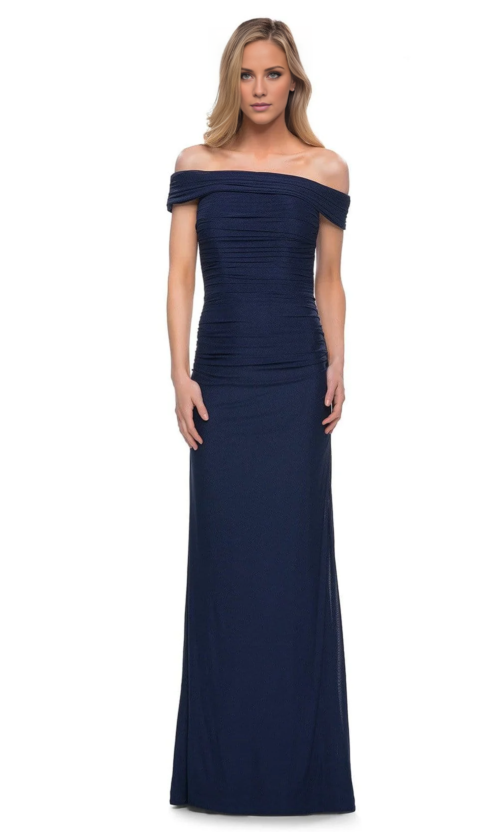 Off shoulder neckline sleeveless pleats details back zipper exposed back and floor length mother of the bride dress