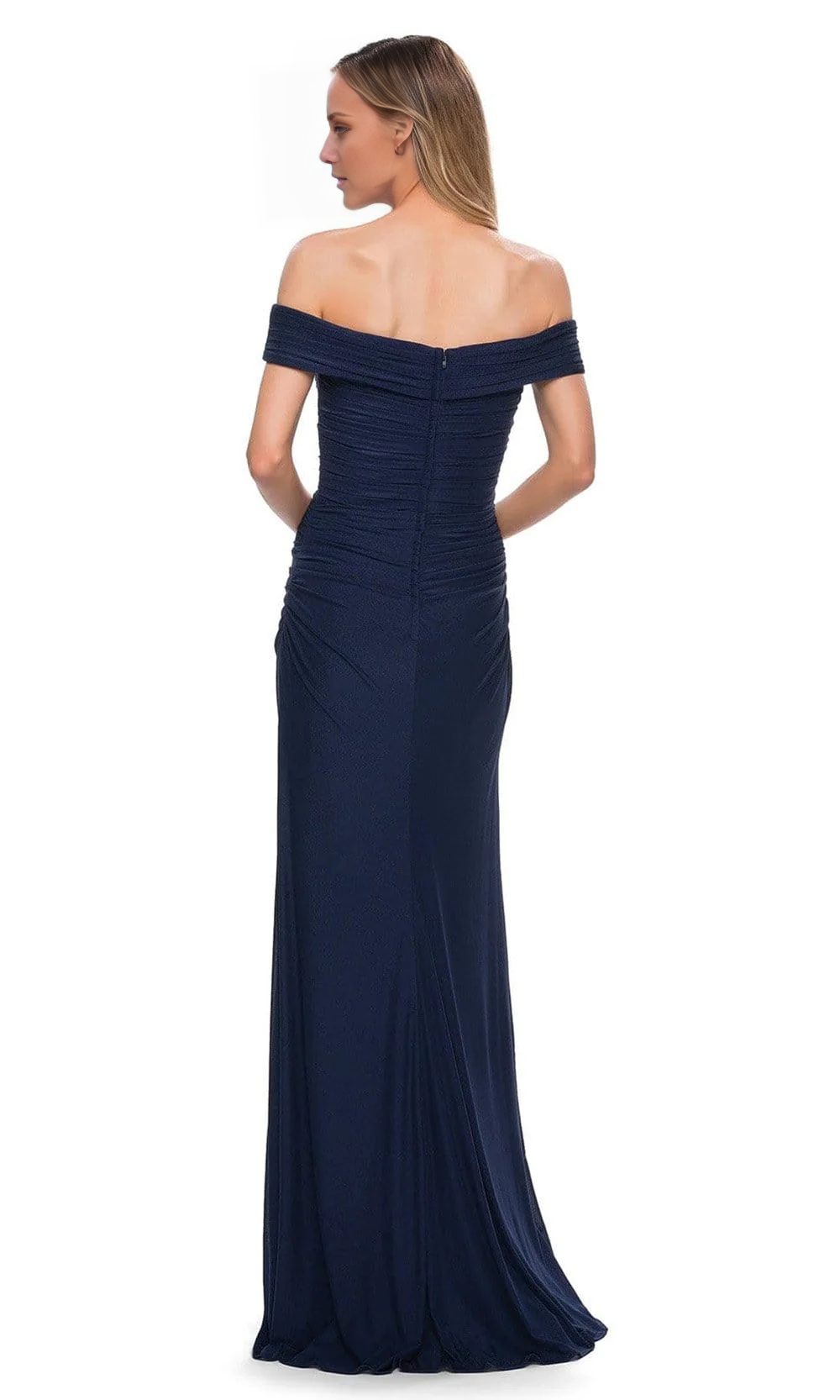 Off shoulder neckline sleeveless pleats details back zipper exposed back and floor length mother of the bride dress