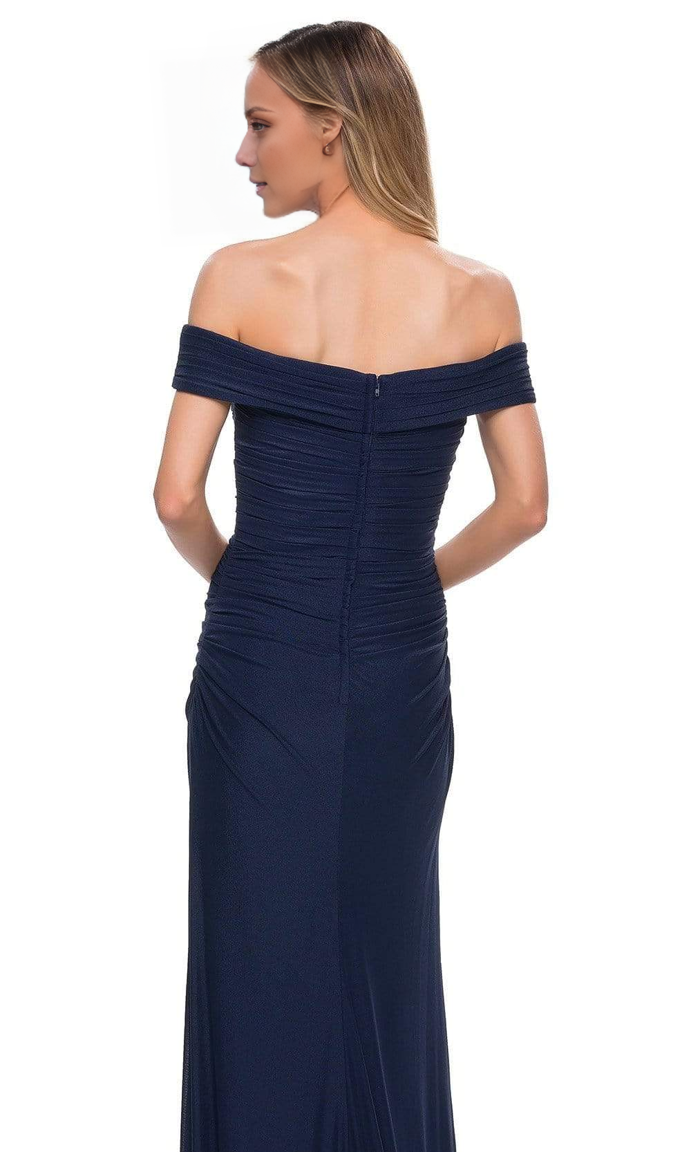 Off shoulder neckline sleeveless pleats details back zipper exposed back and floor length mother of the bride dress