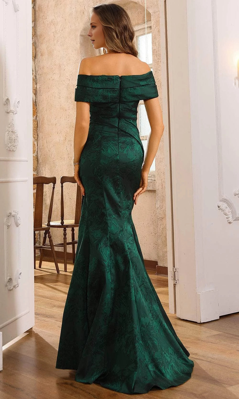 Forest Green Satin Mermaid Off-the-Shoulder Floor-Length Dress with 3D Floral Embellishment