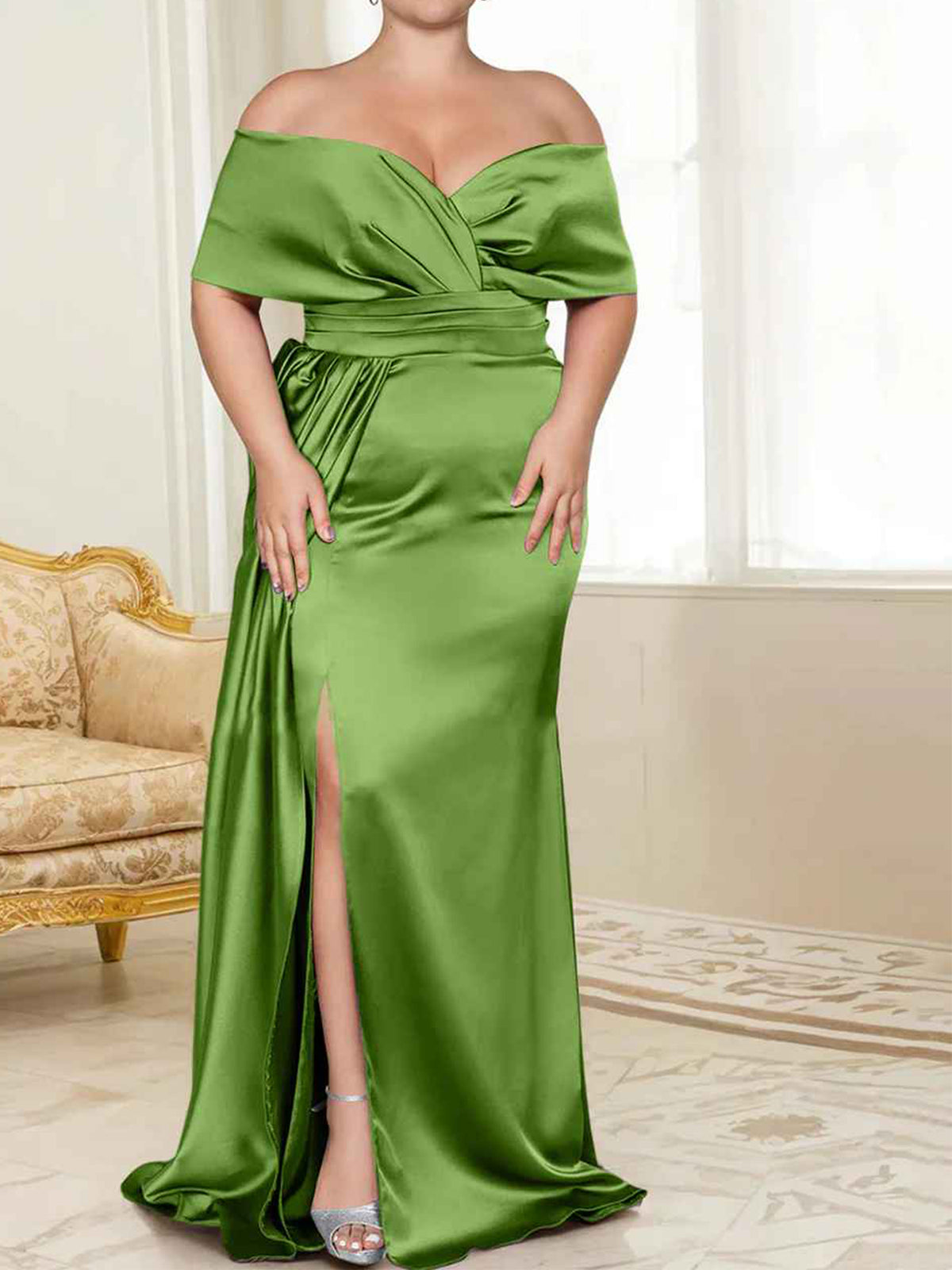 Sage Green Satin Off-the-Shoulder Bridesmaid Dress with Draped Bodice & High Slit