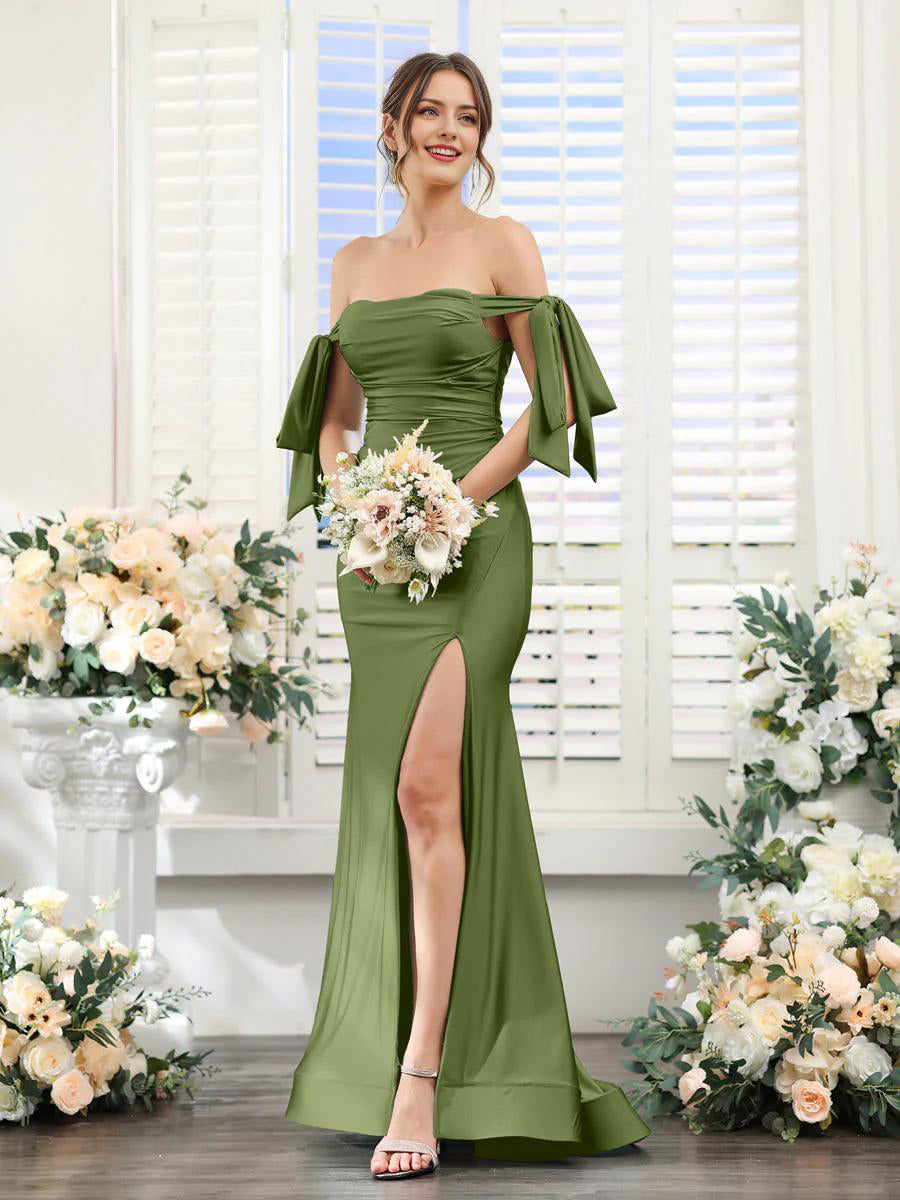 Forest Green Satin Off-the-Shoulder Sheath Bridesmaid Dress with High Slit