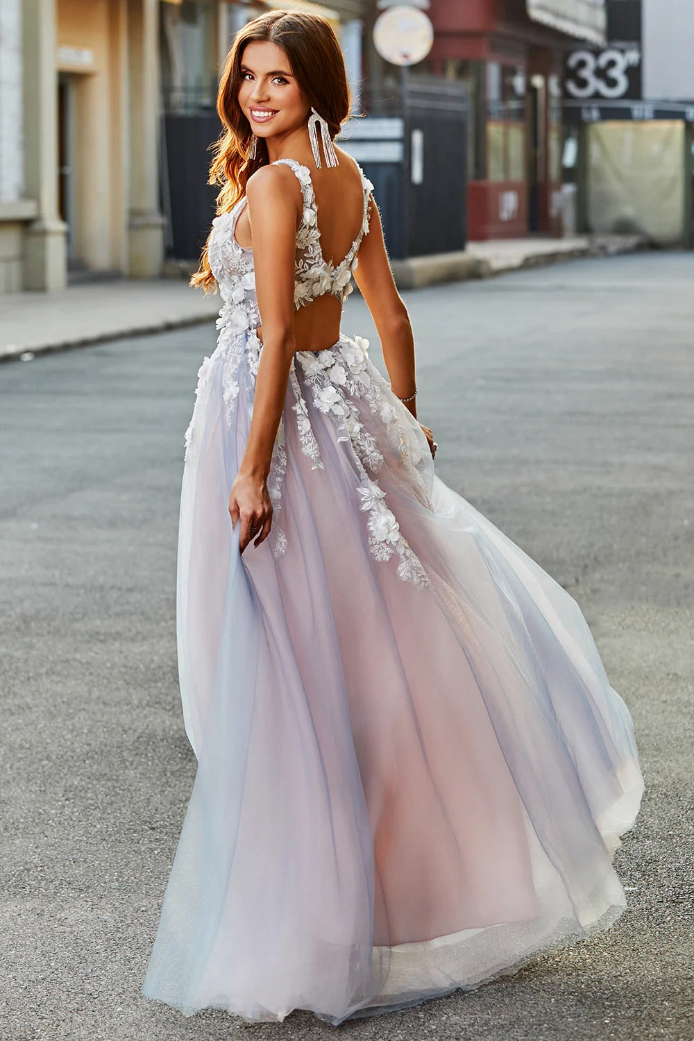 Ombre Floral Tulle Gown – V-Neck Backless Prom Dress with A-Line Skirt & High Slit