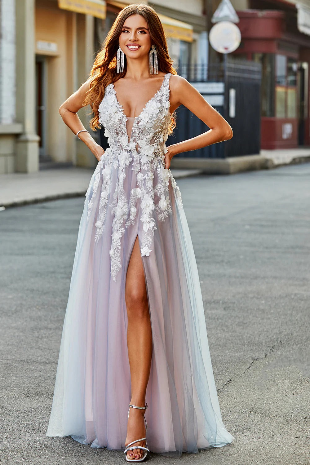 Ombre Floral Tulle Gown – V-Neck Backless Prom Dress with A-Line Skirt & High Slit