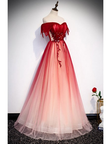 Abito da sera unico e bellissimo, rosso sfumato, con spalle scoperte, maniche corte, perline, stile principessa, senza spalline, schiena scoperta, lunghezza al suolo e spalline.