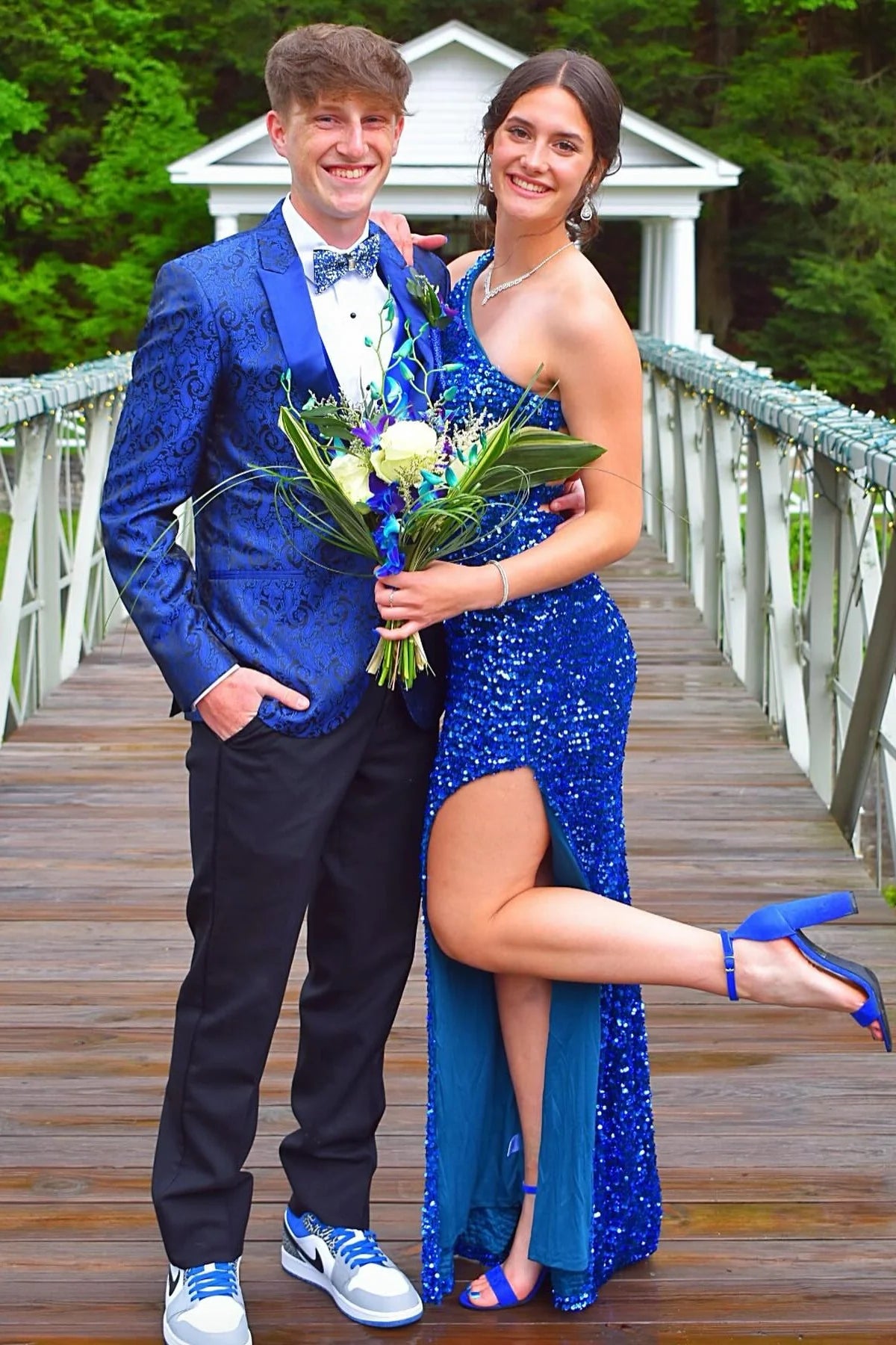 One-Shoulder Sequin Prom Dress with High Thigh Slit, Low Open Back & Mini Train Detailing