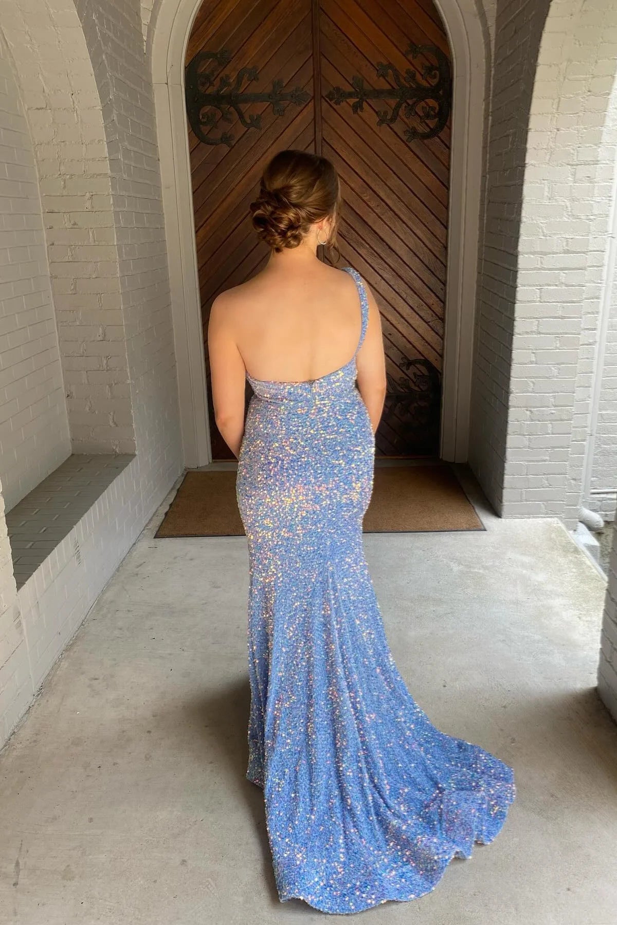 One-Shoulder Sequin Prom Dress with High Thigh Slit, Low Open Back & Mini Train Detailing