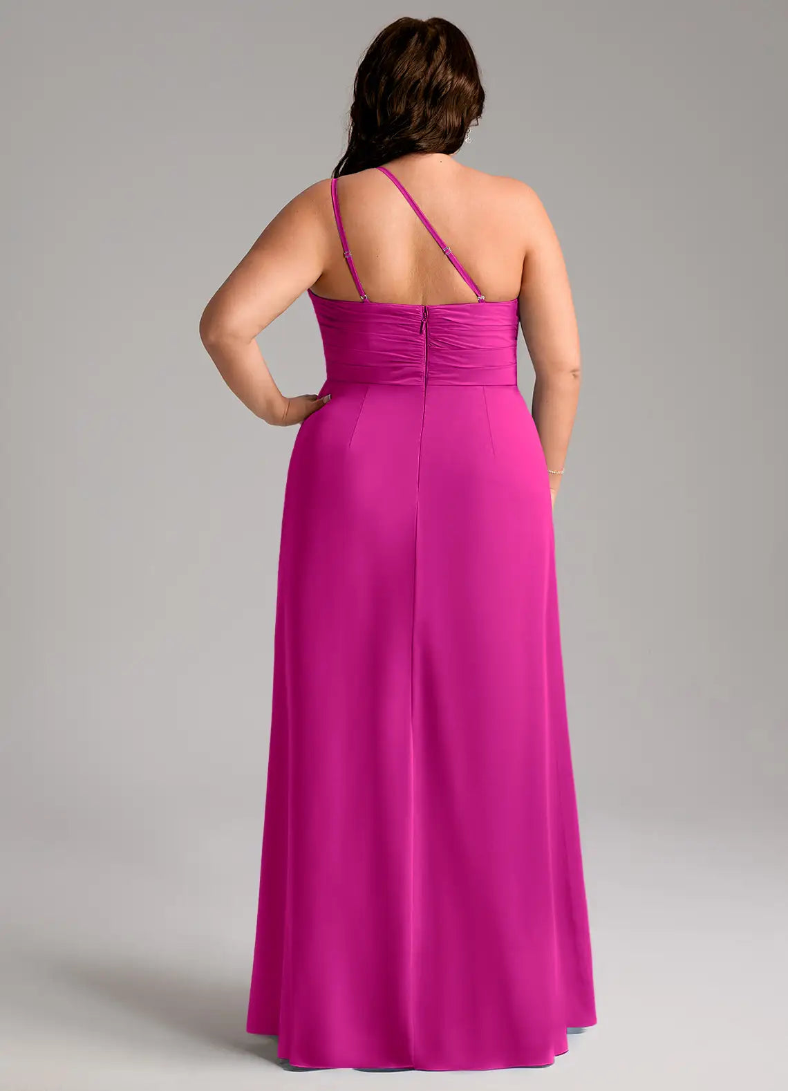 One-shoulder chiffon bridesmaid dress with ruched bodice, crisscross back, and side slit