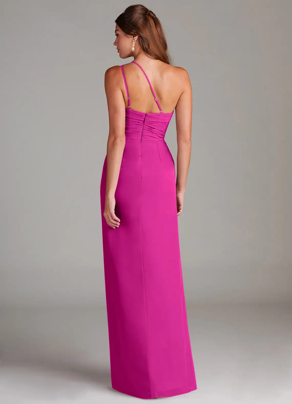 One-shoulder chiffon bridesmaid dress with ruched bodice, crisscross back, and side slit