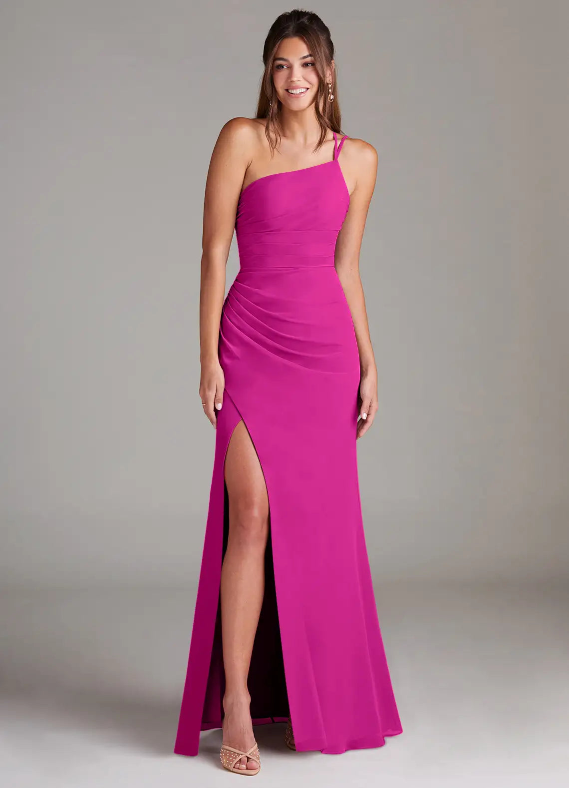 One-shoulder chiffon bridesmaid dress with ruched bodice, crisscross back, and side slit