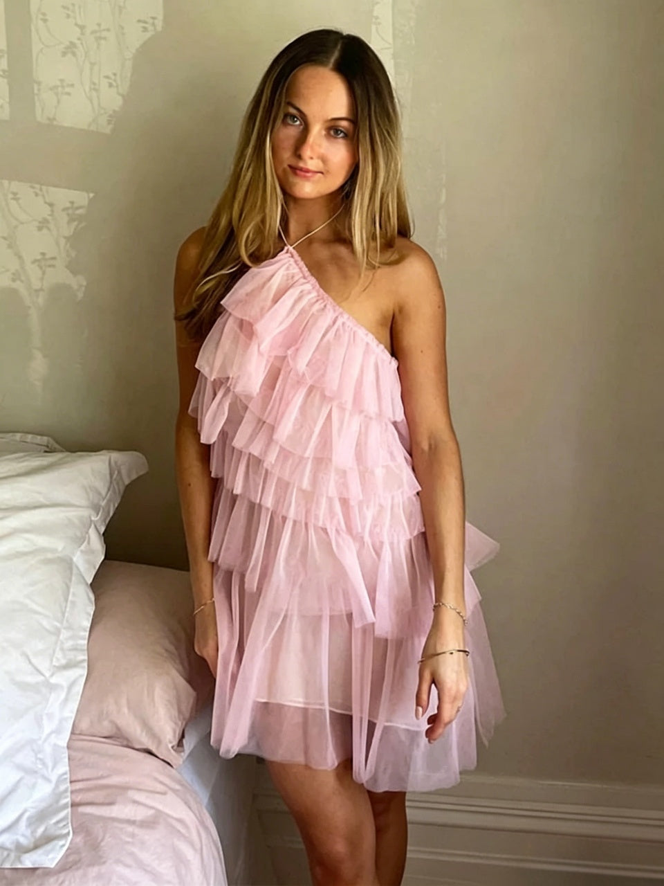 One Shoulder Halter Tiered Tulle Mini Homecoming Dress Spaghetti Tie Open Back Flowy Ruffle Skirt