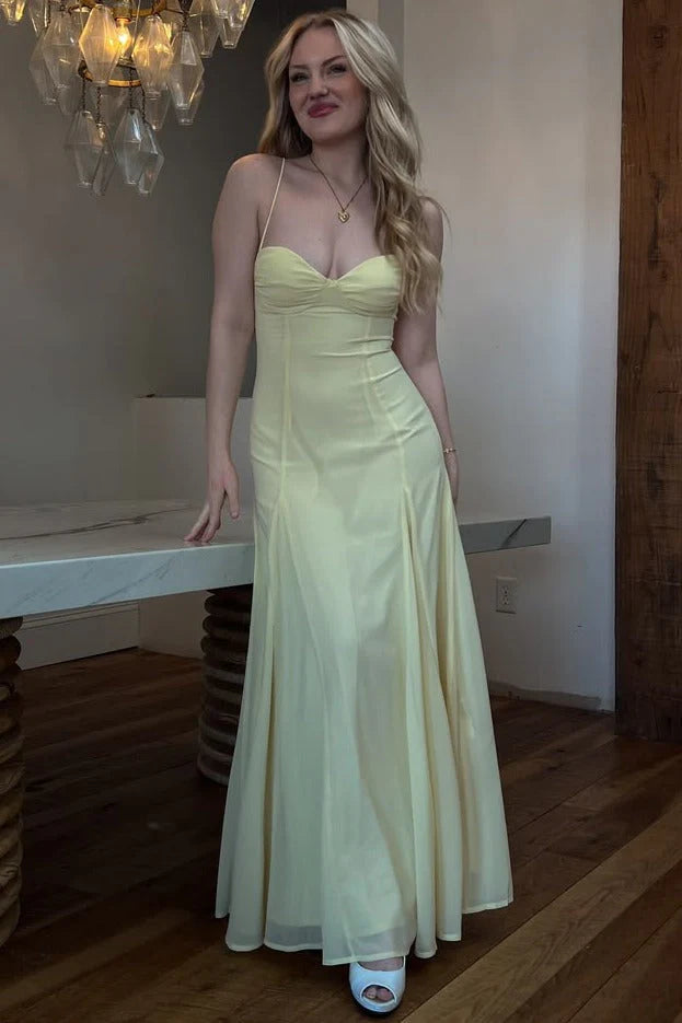 Lemon Chiffon A-Line Floor-Length Bridesmaid Dress with Sweetheart Neckline, Ruched Bodice and Spaghetti Straps