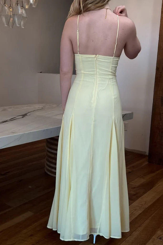 Lemon Chiffon A-Line Floor-Length Bridesmaid Dress with Sweetheart Neckline, Ruched Bodice and Spaghetti Straps