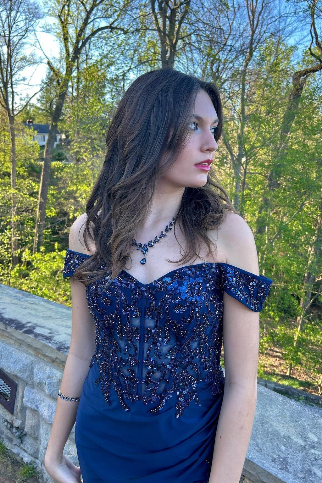 Dark Navy Sequin Off-the-Shoulder A-Line Floor-Length Evening Dress with Embellished Bodice and High Slit