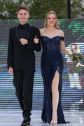 Dark Navy Sequin Off-the-Shoulder A-Line Floor-Length Evening Dress with Embellished Bodice and High Slit