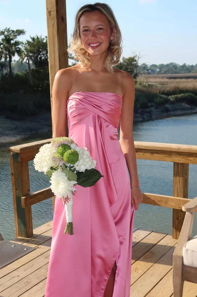Opulent Strapless Satin Mermaid Draped Ruffle Slit Floor Length Evening Dress