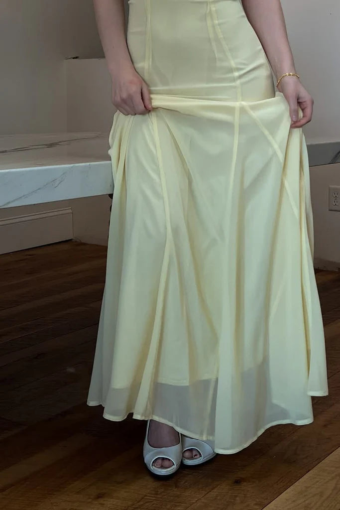 Lemon Chiffon A-Line Floor-Length Bridesmaid Dress with Sweetheart Neckline, Ruched Bodice and Spaghetti Straps